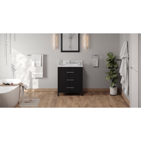 Jeffrey Alexander 30In. Black Katara Vanity, White Carrara Marble Vanity Top, Undermount Rectangle Bowl VKITKAT30BKWCR